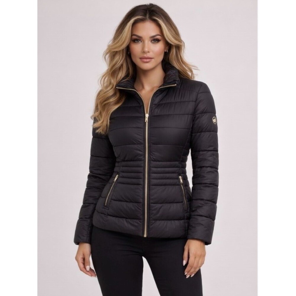 Michael Kors Packable Puffer Jacket Black Quilted Gold Hardware Size S Fitted